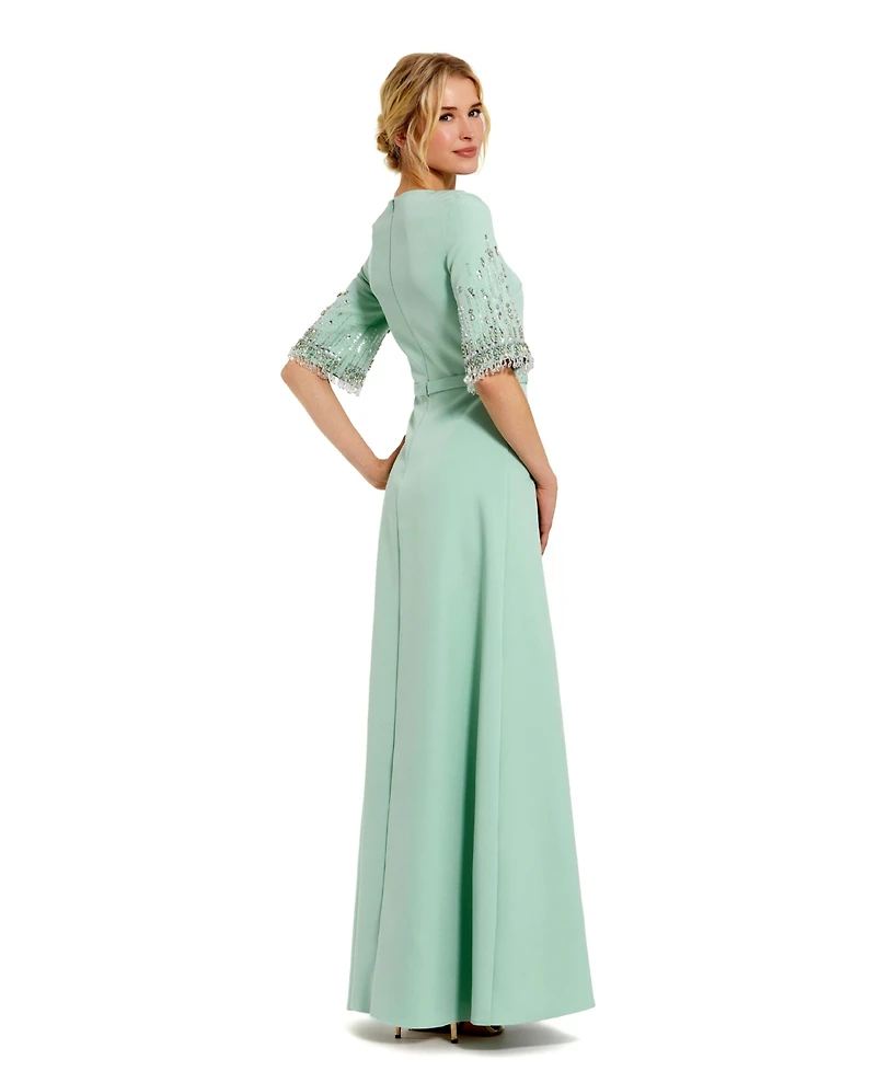 Mac Duggal Women's Beaded 3/4 Sleeves Crepe A Line Gown