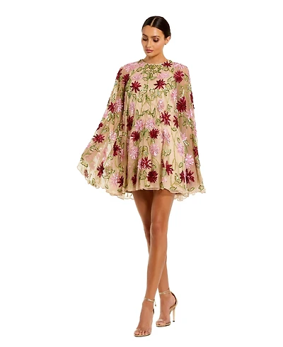 Mac Duggal Women's Floral Beaded Mesh Shawl Mini Dress