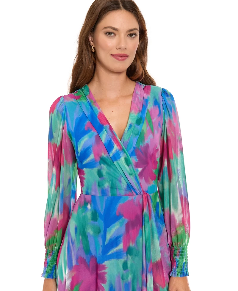 London Times Women's Shirred Surplice Bishop-Sleeve Maxi Dress