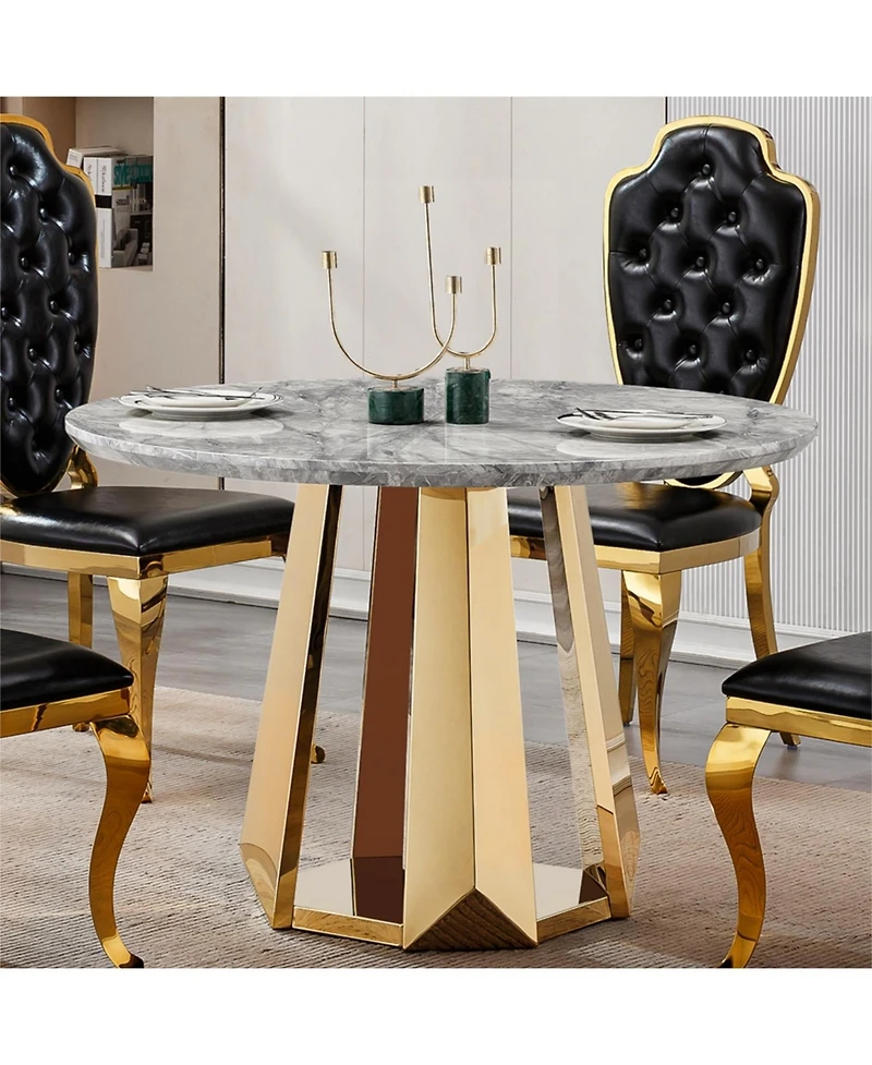 Streamdale Furniture 47" Round Marble Dining Table with Stainless Steel Base (Gold/Gray)