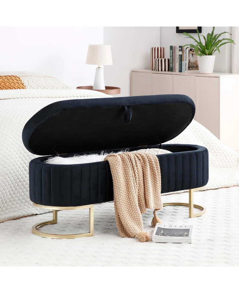 Streamdale Furniture Streamdale Velvet Oval Upholstered Storage Bench with Golden Metal Legs, Black