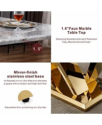 Streamdale Furniture Marble Dining Table for 6, 70" Rectangle Faux Marble w/ Mirrored Stainless Steel Base (Gold, Gray