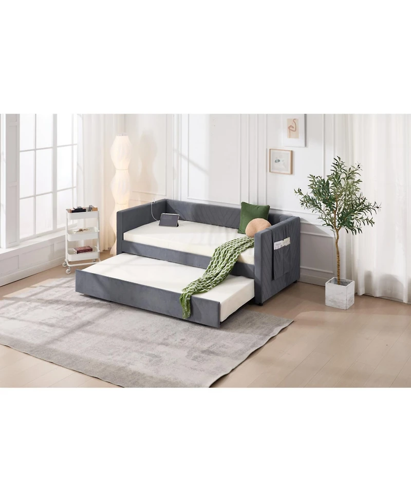 Streamdale Furniture Streamdale Twin Upholstered Daybed with Trundle, Usb, Side Pockets - Grey