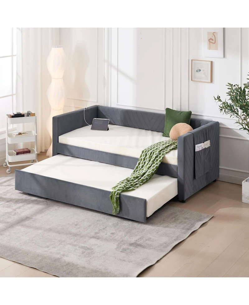 Streamdale Furniture Streamdale Twin Upholstered Daybed with Trundle, Usb, Side Pockets - Grey