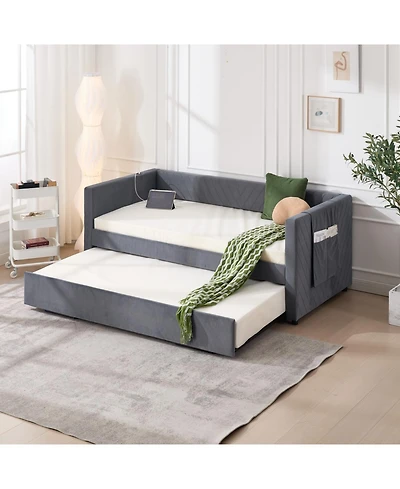 Streamdale Furniture Streamdale Twin Upholstered Daybed with Trundle, Usb, Side Pockets - Grey