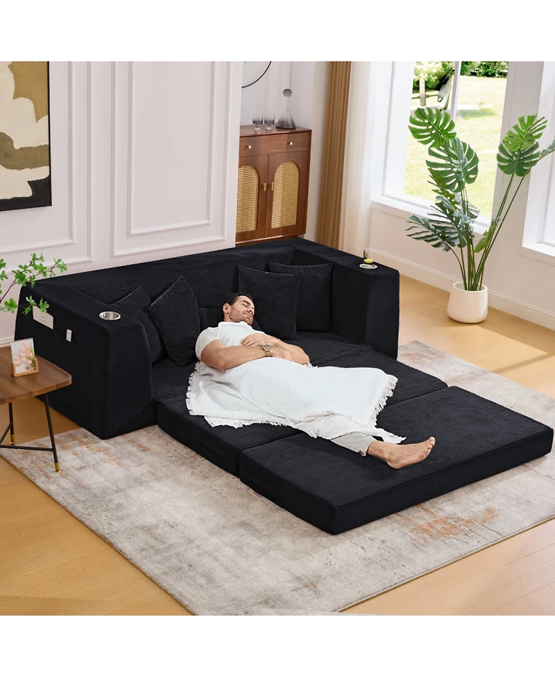 Streamdale Furniture Corduroy Convertible Sofa Bed with 5 Pillows, Black