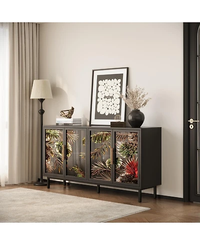 Streamdale Furniture Streamdale 60.3" 4-Door Buffet Cabinet, Glazed Art Storage, Retro Console Table