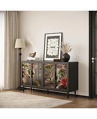 Streamdale Furniture Streamdale 60.3" 4-Door Buffet Cabinet, Glazed Art Storage, Retro Console Table