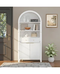 Streamdale Furniture 71" Fluted Tall Arched Pantry Cabinet with Hidden Drawer & Glass Door, White