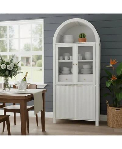 Streamdale Furniture 71" Fluted Tall Arched Pantry Cabinet with Hidden Drawer & Glass Door, White