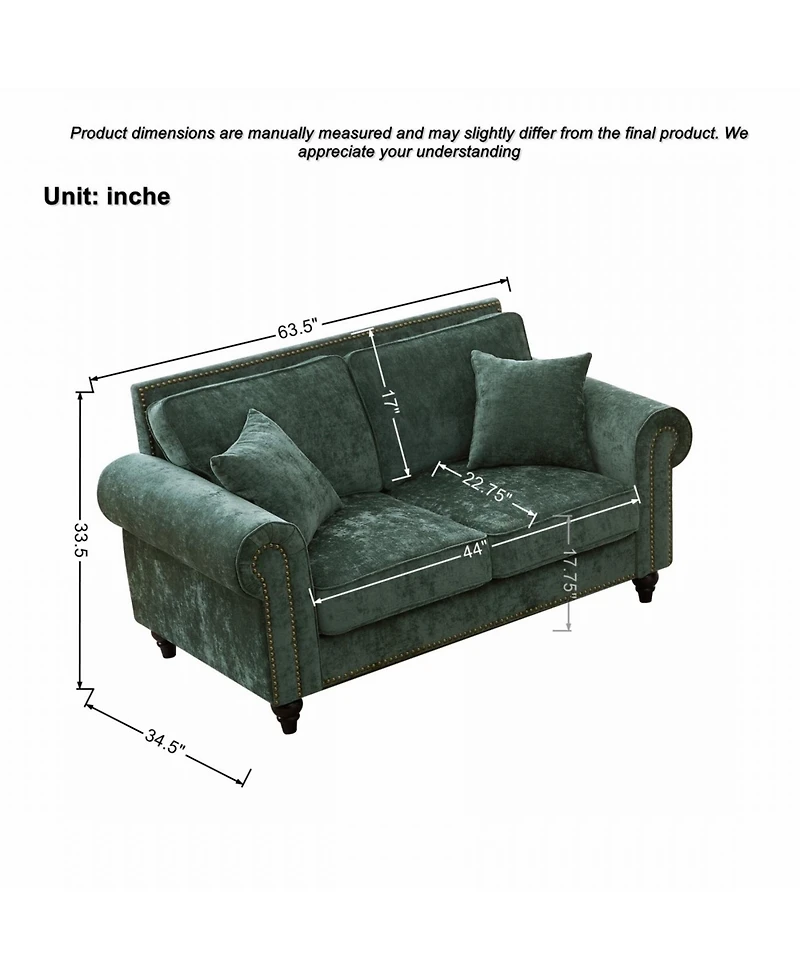 Streamdale 63" Modern Chenille 2-Seater Sofa with Rolled Arms, Wood Legs, Green