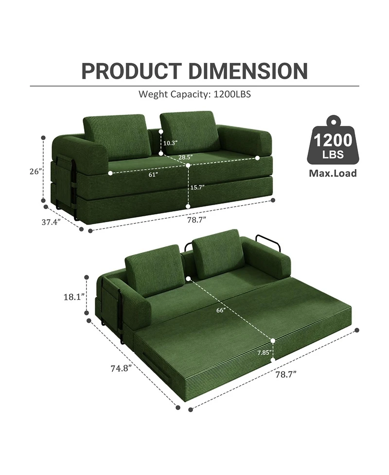 Streamdale Furniture Convertible Sleeper Sofa Bed with Pillow - Corduroy Folding Mattress Couch for Living Room