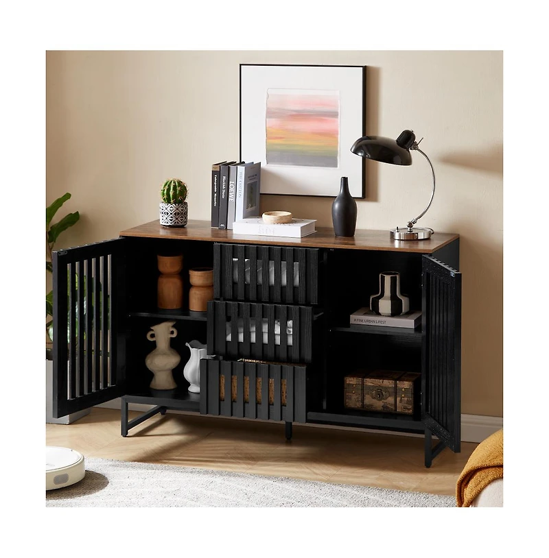 Casainc Storage Cabinet with Slatted Grille Striped 3 Drawer and 4 Shelves