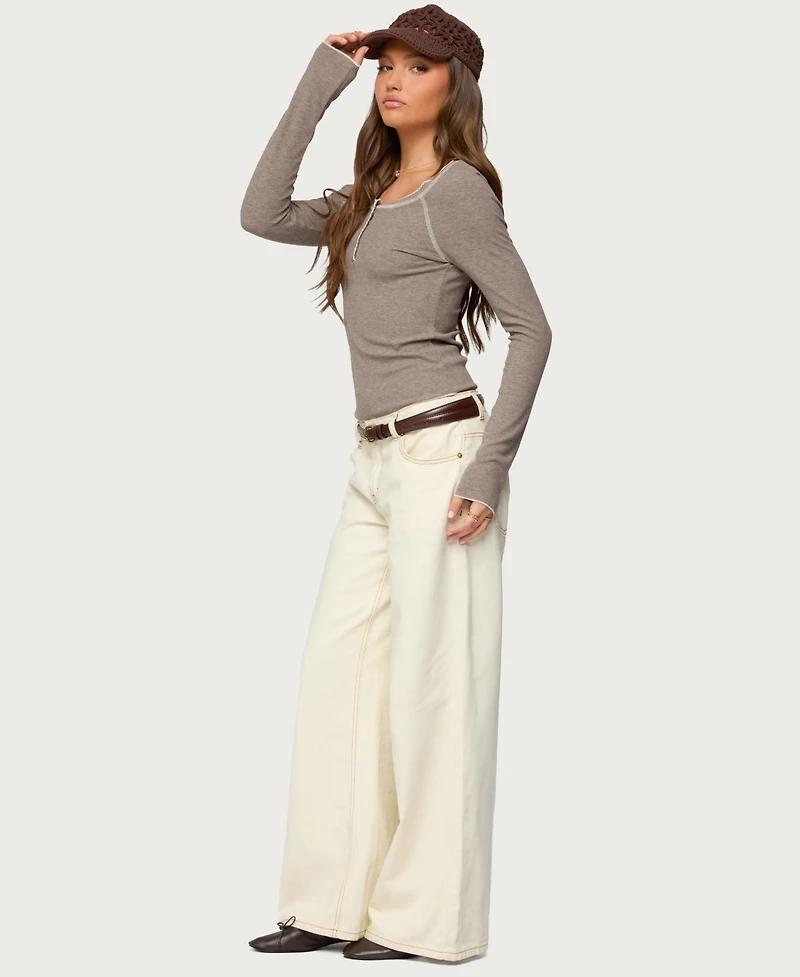 Edikted Women's Ensley Contrast Stitch Henley Top