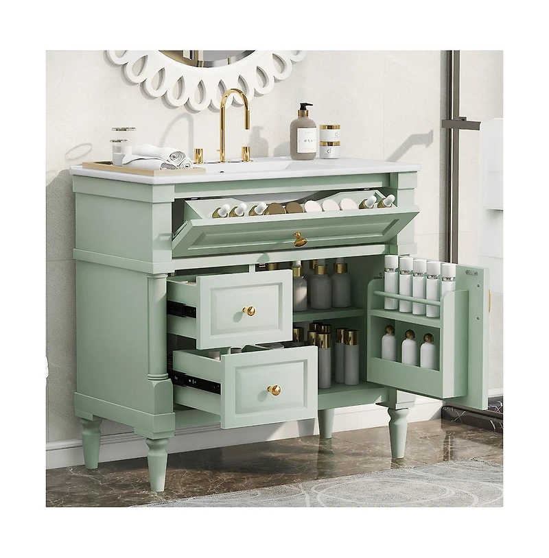 Casainc Bathroom Vanity with Ceramic Sink Flip Drawer Adjustable Shelf