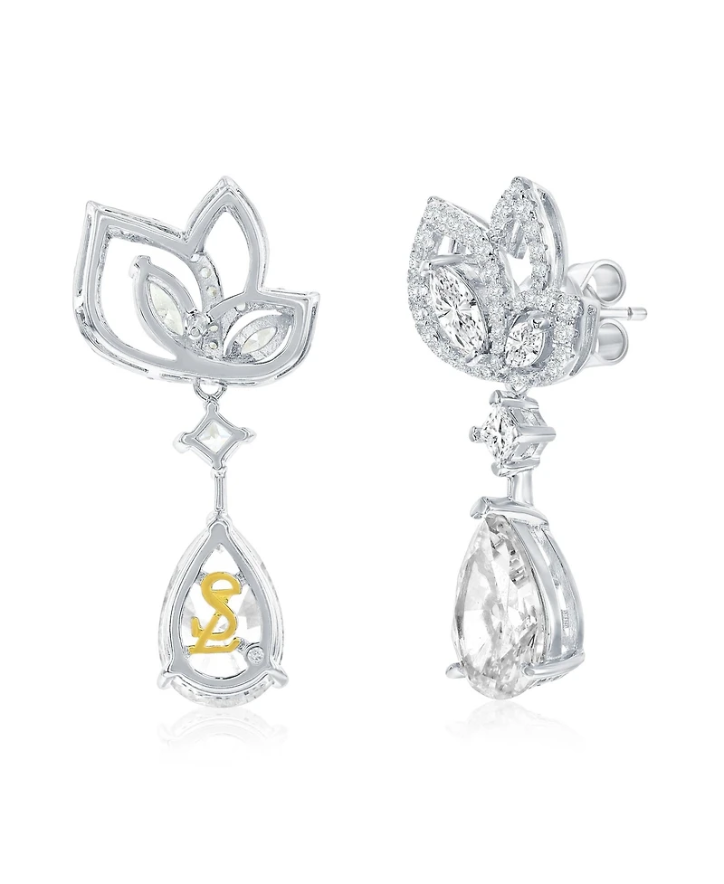 Suzy Levian Gala Collection Sterling Silver Pear Shape Cubic Zirconia Drop Floral Earrings