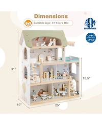 Hongge Large Wooden Dollhouse Playset With 33 Furniture Pieces And Balcony Pool