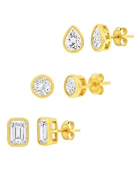 Sterling Silver, 3-Pair Multi-Shaped Cz Studs