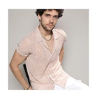 Campus Sutra Men's Beige Washed Flowers Seld-Design Shirt