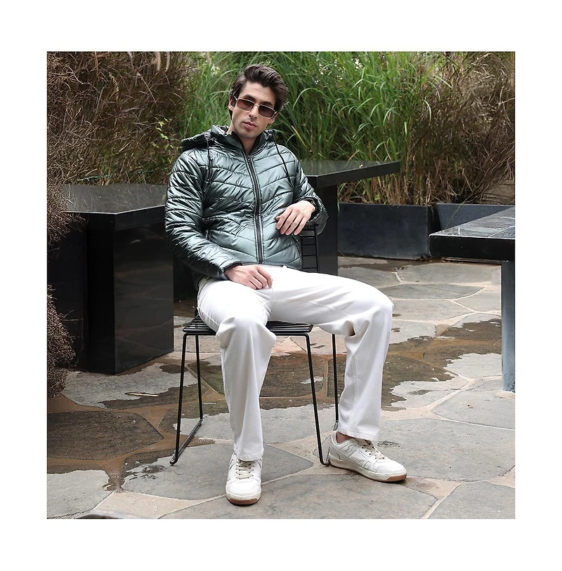 Campus Sutra Men's Seaweed Green Coated Panel-Quilt Puffer Jacket