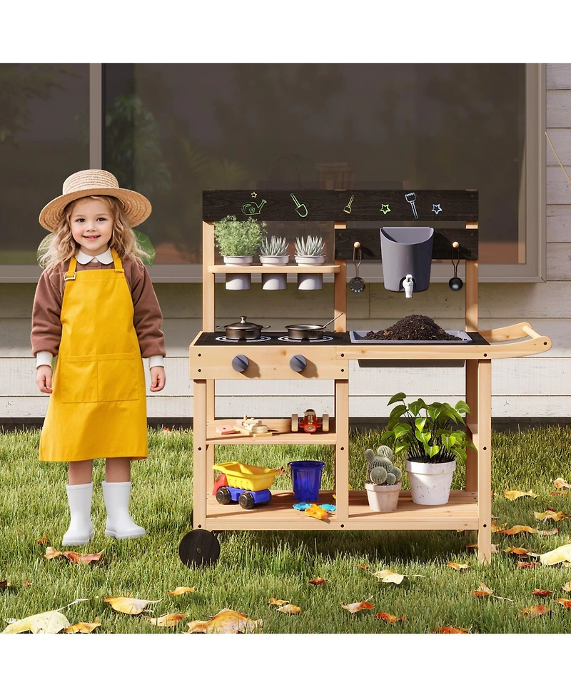 Hongge Kids Outdoor Wooden Mud Kitchen Playset with Faucet Sink Chalkboard and Storage