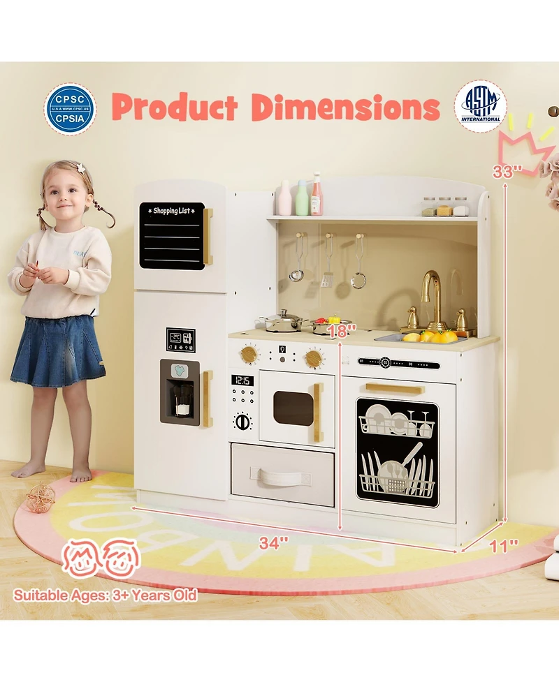 Skonyon Wooden Kids Kitchen Playset with Chalkboard Ice Maker Sink Lighted Microwave-White