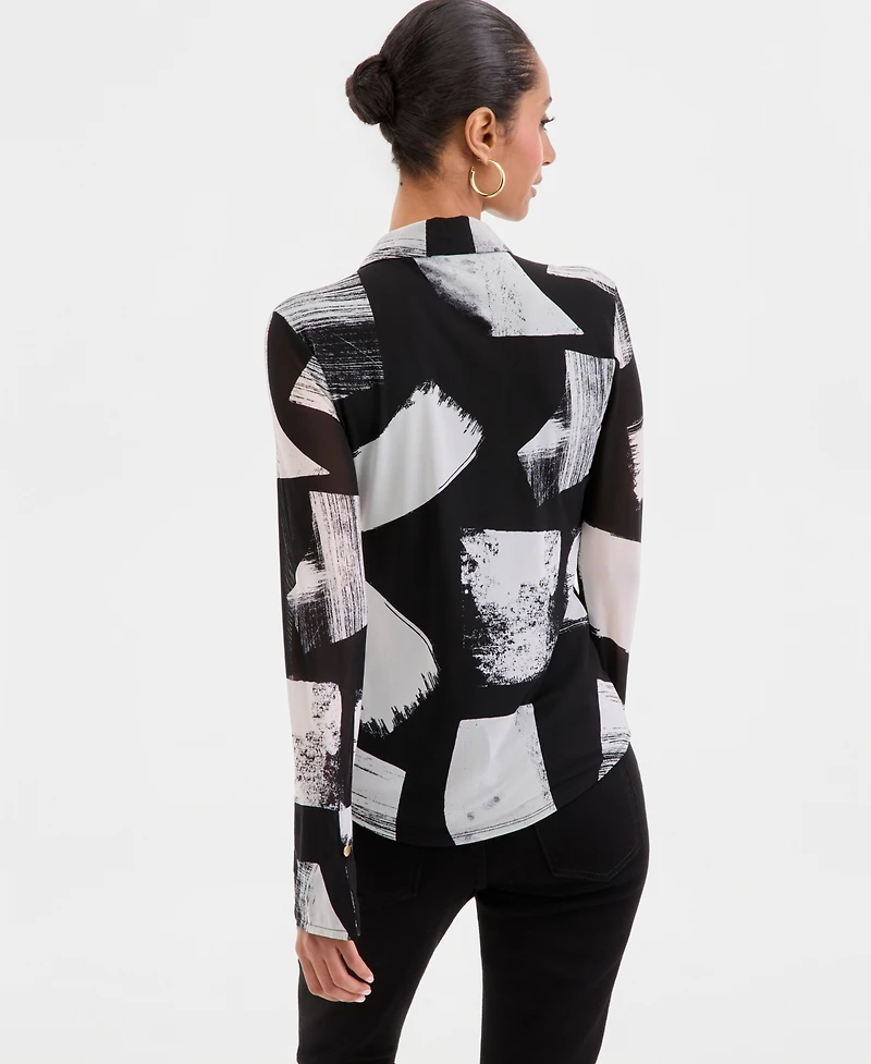I.n.c. International Concepts Women's Long-Sleeve Printed Mesh Collared Top, Macy's Exclusive
