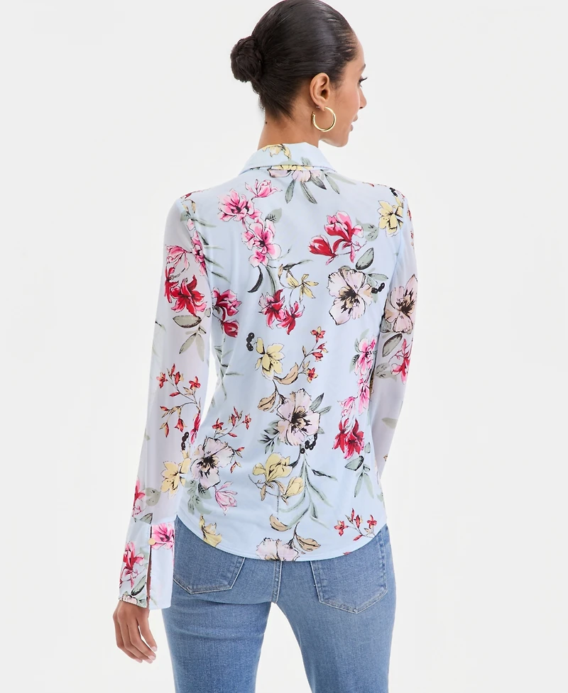 I.n.c. International Concepts Women's Long-Sleeve Printed Mesh Collared Top, Macy's Exclusive