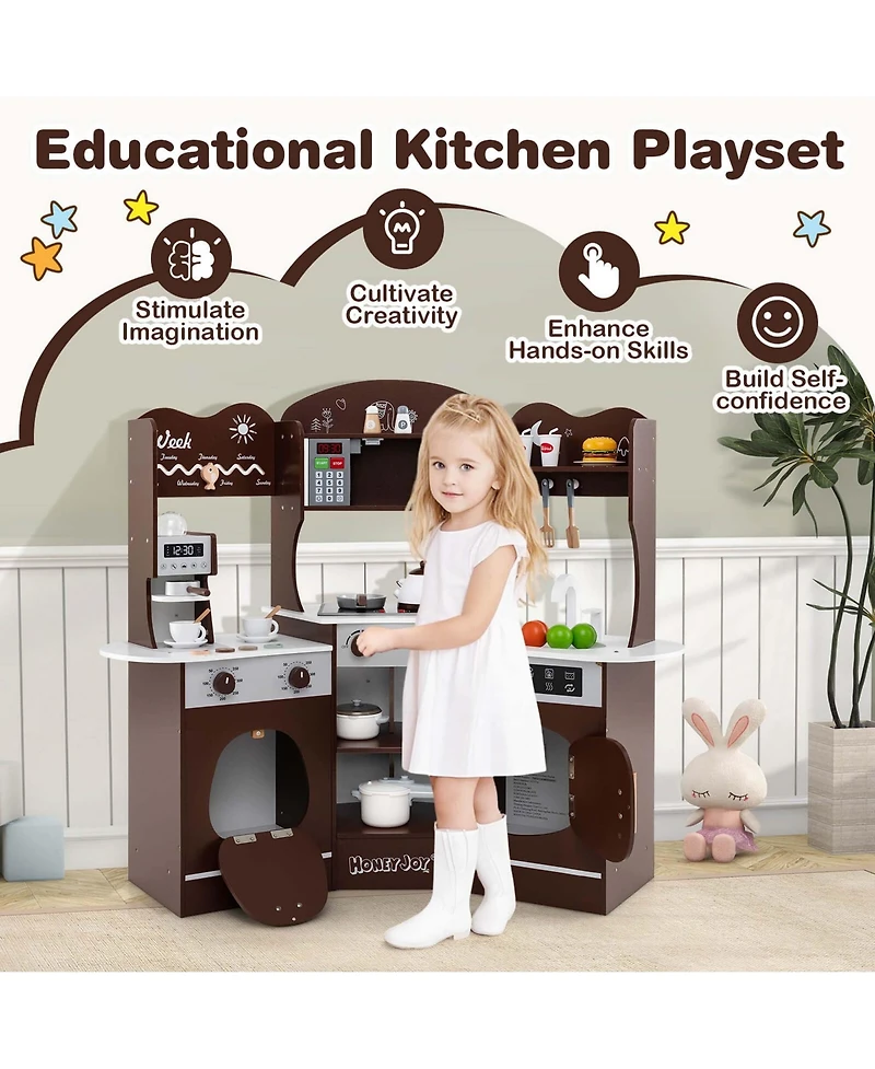 Corner Kitchen Playset with Coffee Machine Oven Microwave Washing