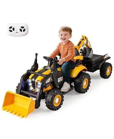 Gymax 4 in 1 Ride on Tractor Excavator and Bulldozer for Kids Trailer Shovel Bucket