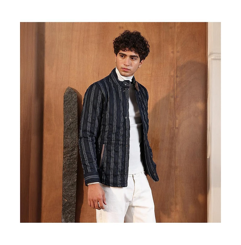 Campus Sutra Men's Navy Blue Woven-Striped Quilted Jacket