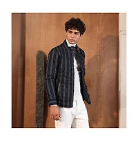 Campus Sutra Men's Navy Blue Woven-Striped Quilted Jacket