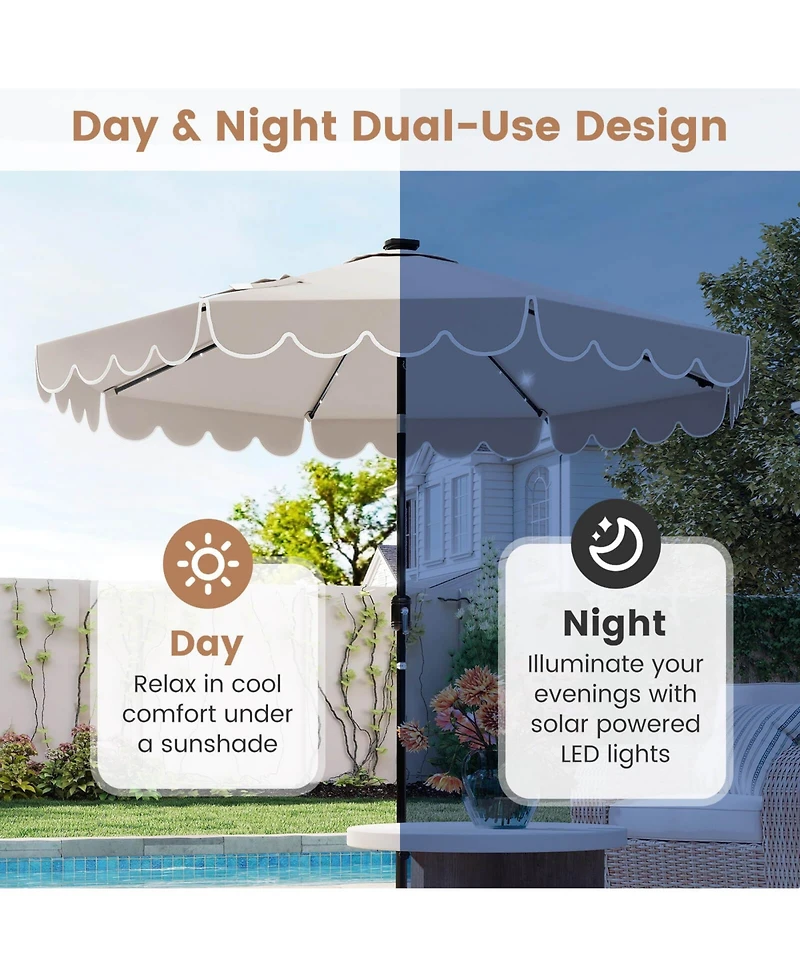 9.3 Ft Solar Patio Umbrella Outdoor Market Sunshade with 24 Led Lights Ruffles