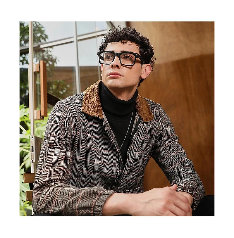 Campus Sutra Men's Midnight Black & Cream White Chevron-Jacquard Sherpa-Lined Jacket