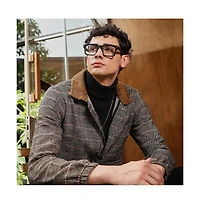 Campus Sutra Men's Midnight Black & Cream White Chevron-Jacquard Sherpa-Lined Jacket