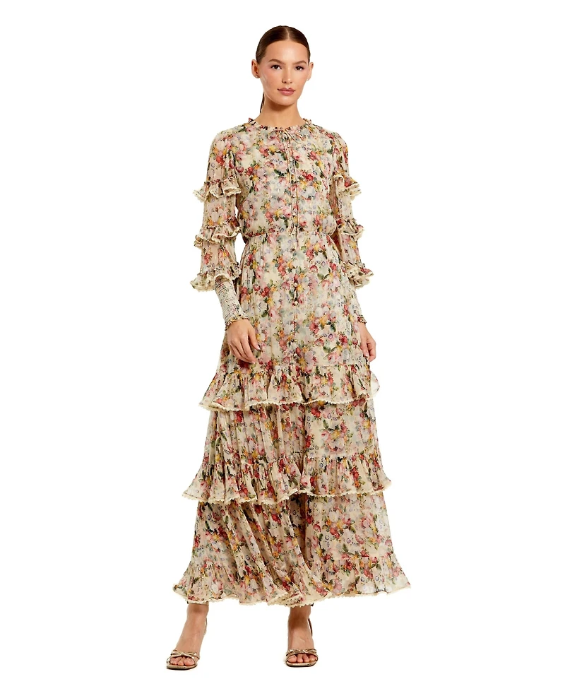 Mac Duggal Women's Floral Tiered Ruffle Midi Dress with Long Sleeves