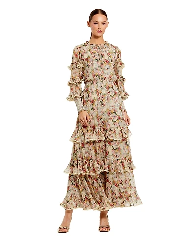 Mac Duggal Women's Floral Tiered Ruffle Midi Dress with Long Sleeves