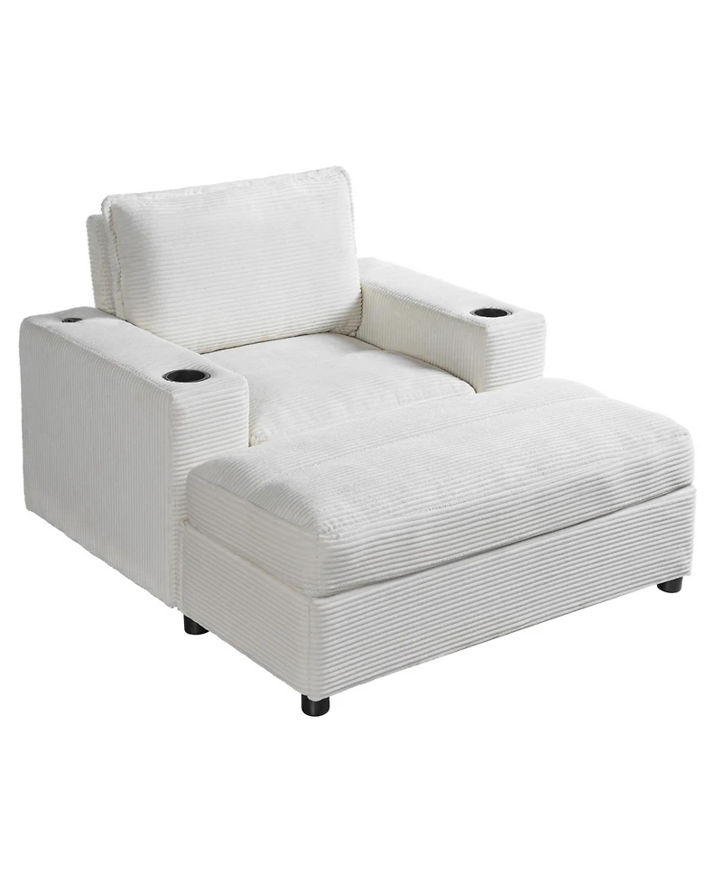 Streamdale Furniture Oversized Corduroy Chaise Lounge with Storage Ottoman, Cup Holders & Usb