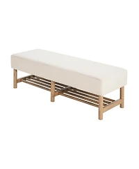 Streamdale Furniture Rectangular Upholstered Linen Fabric Ottoman Bench, Solid Wood Legs, Beige