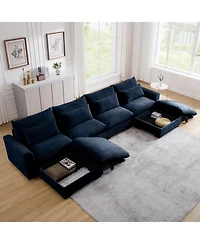 Streamdale Furniture Blue Corduroy U-Shaped Sectional Sofa with Storage Ottomans & Pillows
