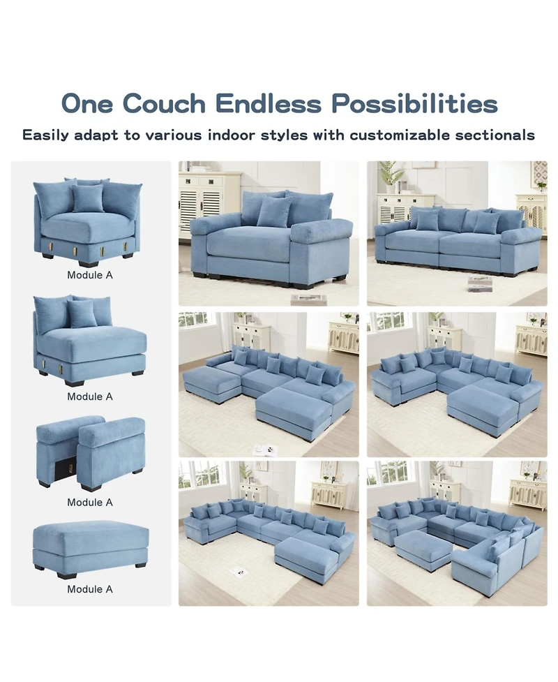 Streamdale Furniture Streamdale Oversized Cloud Modular L-Shape Sectional Couch with Ottoman, Blue