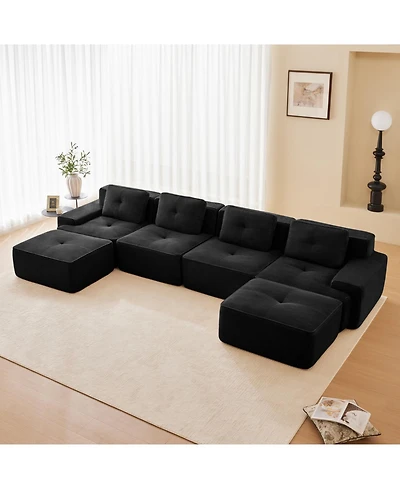 Streamdale Furniture 153" Modern U-Shaped Corduroy Sectional Sofa, 4-Seater Couch with Ottomans, Black