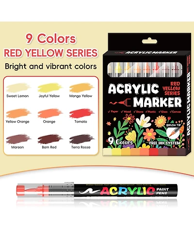 Htutwoo 9 Colors Vibrant Warm Series Acrylic Markers, Soft-Tip Direct-Ink Pigment Pens, Automatic Ink Control for Rock, Egg, Wood, Glass, Paper, Mugs