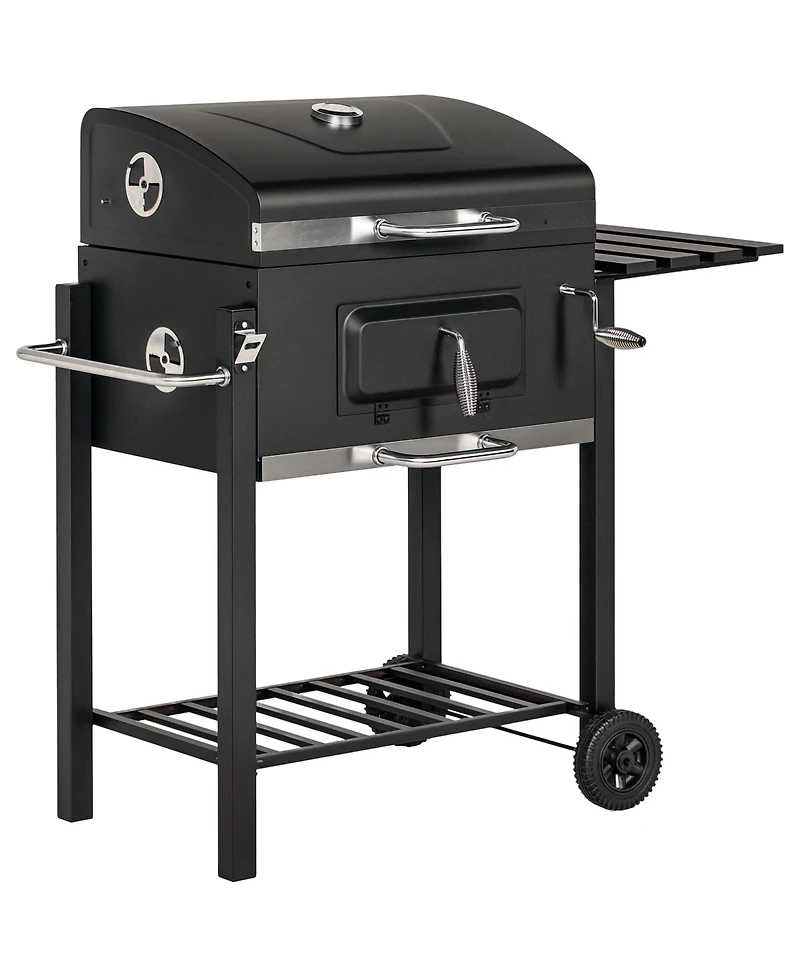 Outsunny Charcoal Bbq Grill, Outdoor Portable Cooker for Camping, Picnic or Backyard with Side Shelf, Bottom Storage Shelf, Wheels and Handle, Grey
