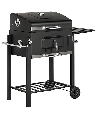 Outsunny Charcoal Bbq Grill, Outdoor Portable Cooker for Camping, Picnic or Backyard with Side Shelf, Bottom Storage Shelf, Wheels and Handle, Grey