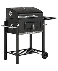 Outsunny Charcoal Bbq Grill, Outdoor Portable Cooker for Camping, Picnic or Backyard with Side Shelf, Bottom Storage Shelf, Wheels and Handle, Grey