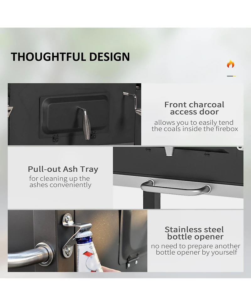 Outsunny Charcoal Bbq Grill, Outdoor Portable Cooker for Camping, Picnic or Backyard with Side Shelf, Bottom Storage Shelf, Wheels and Handle, Grey