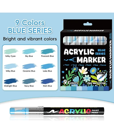 Htutwoo 9 Colors Blue Series Acrylic Markers, Soft-Tip Direct-Ink Pigment Pens.