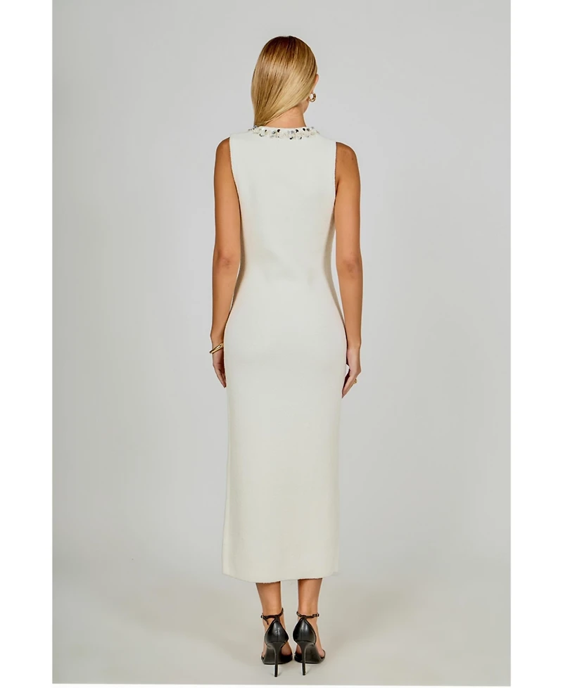 endless rose Women's Boucle Knit Jewel Trim Midi Dress