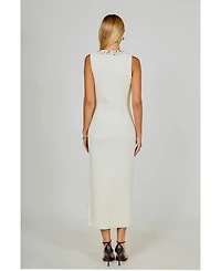 endless rose Women's Boucle Knit Jewel Trim Midi Dress